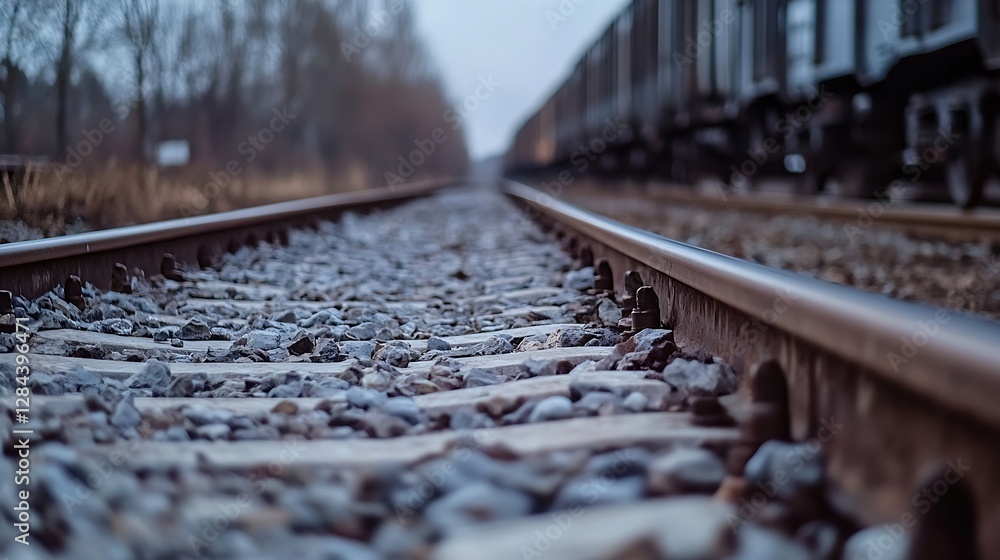 Poster close up view of railway tracks stretching into the distance on a foggy day : generative ai