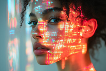 close-up of woman's face with futuristic digital elements overlaying it. The scene has a cyberpunk aesthetic, featuring glowing blue and red data streams, symbolizing AI and technology.