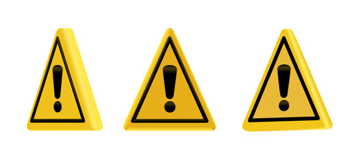 Attention symbol 3d render. Vector clip art. Triangle yellow sign isolated on white background.