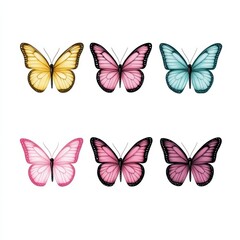 A collection of six vibrant butterflies arranged in two rows, showcasing different colors and patterns. Each butterfly represents the intricate beauty found in nature