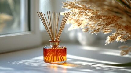 Fototapeta premium Aromatic reed diffuser on windowsill with dried pampas grass
