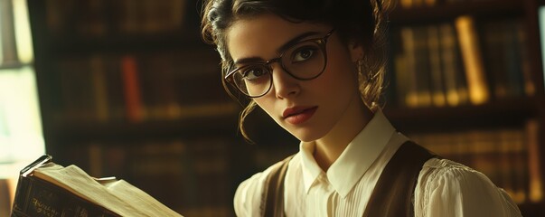 Caucasian young female librarian with glasses reading in library