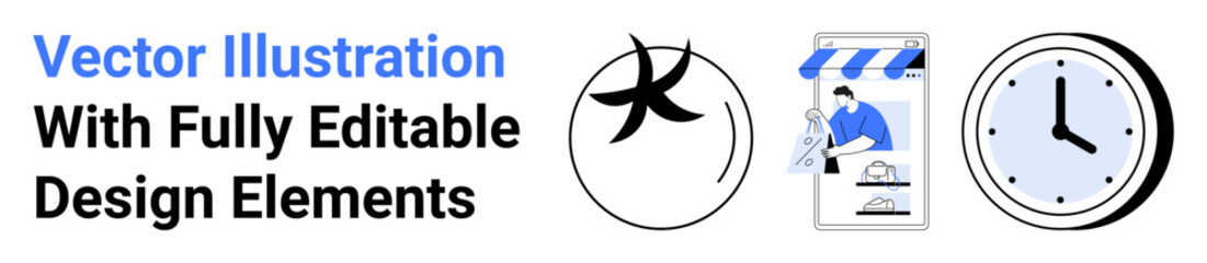 Abstract swirl, a storefront with digital shopping activity, and analog clock for various concepts. Ideal for design, business, technology, e-commerce, time management, branding flat landing page