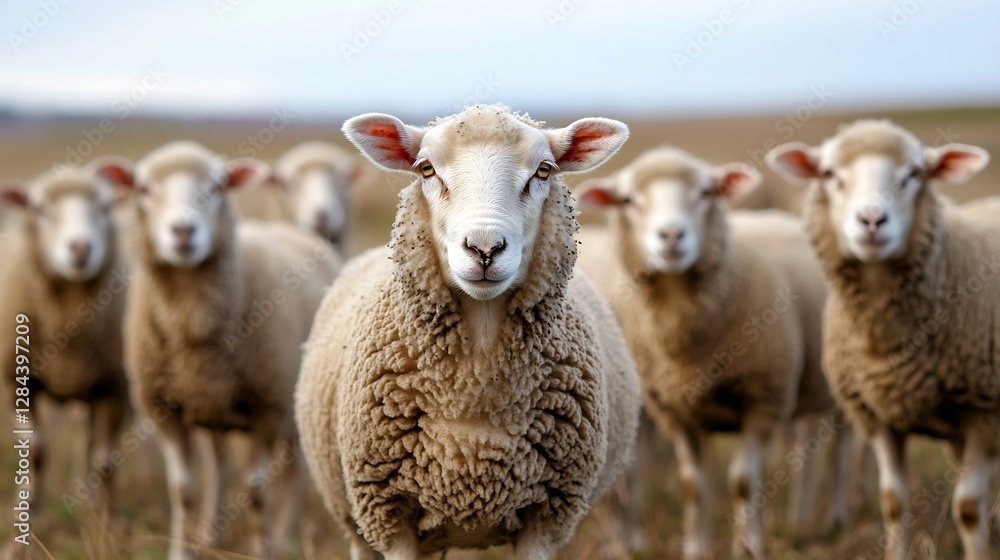 Poster Closeup of a group of adorable sheep with one in focus standing in a lush green field : Generative AI