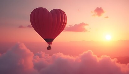 Fototapeta premium Heart-Shaped Hot Air Balloon in Pink and Orange Sunset Sky