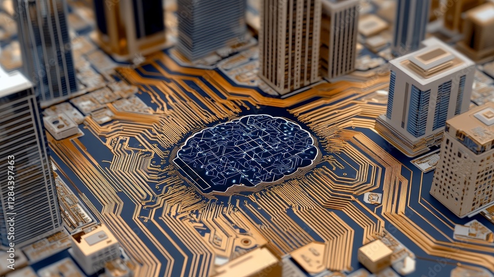 Poster abstract circuit design with modern cityscape elements in perspective