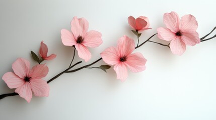 Delicate pink paper flowers on branch with white background