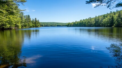 Fototapeta premium Serene Tranquil Lake Surrounded by Lush Green Forest Under Clear Blue Sky : Generative AI