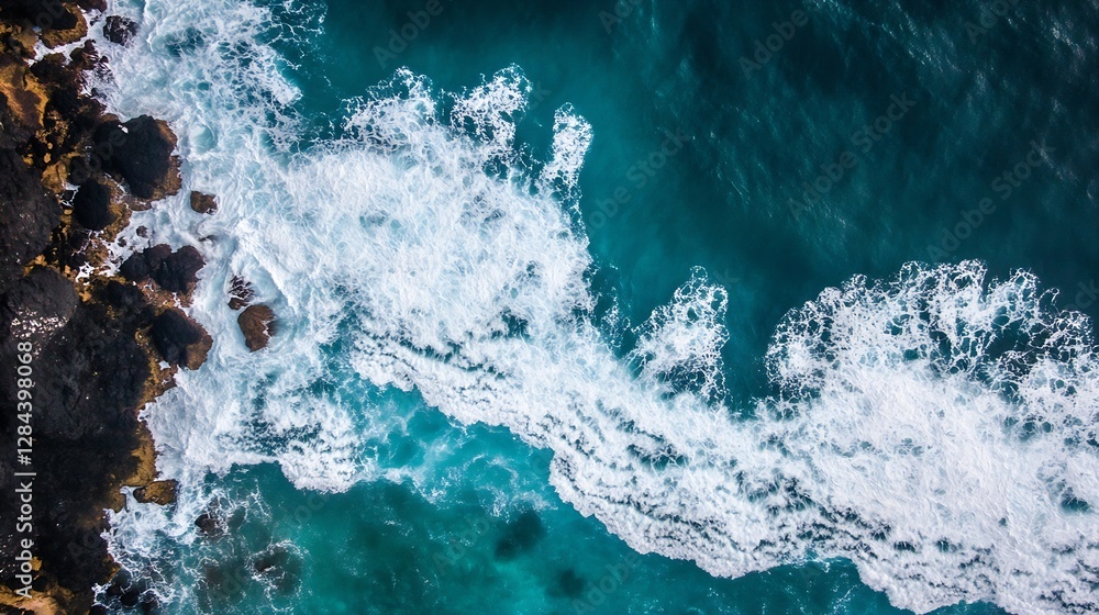 Aufkleber aerial view of serene ocean waves cresting over rocky shoreline on a clear sunny day : generative ai