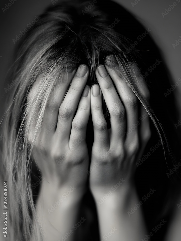 Poster a woman expressing deep emotions while hiding her face in a powerful black and white portrait convey