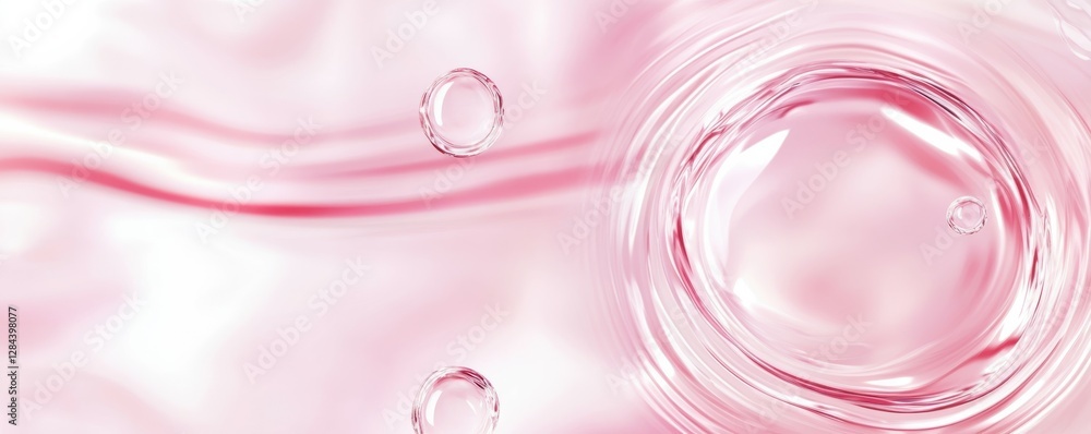 Poster pink liquid with floating bubbles and ripples creating a calming abstract scene