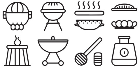 BBQ barbecue and grill related editable stroke outline icons