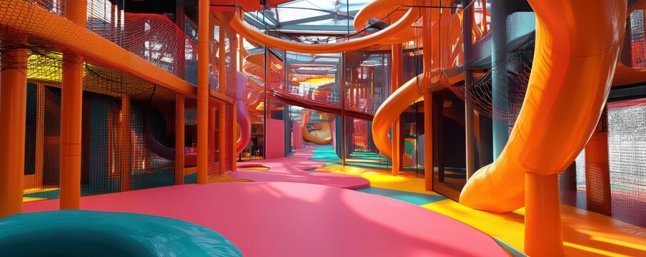 Vibrant indoor playground with colorful slides and climbing structures