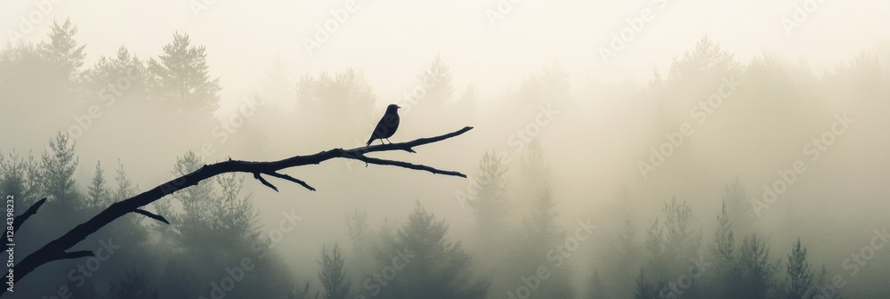 Poster lone bird perched on a dead tree branch amidst foggy forest landscape at dawn. generative ai