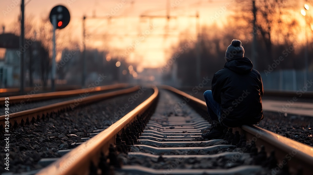Aufkleber lonely figure sitting on railway tracks during sunset in a tranquil and contemplative scene : genera
