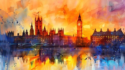 Fototapeta premium Big Ben and Houses of Parliament on watercolor background, London, UK