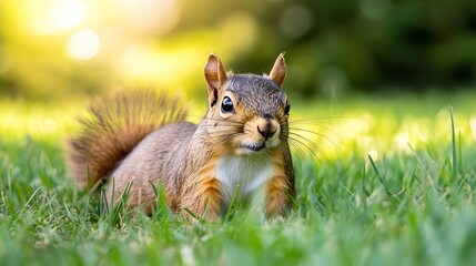 Obraz premium Adorable Squirrel Sitting on Grass with Natural Sunlight and Serenity : Generative AI