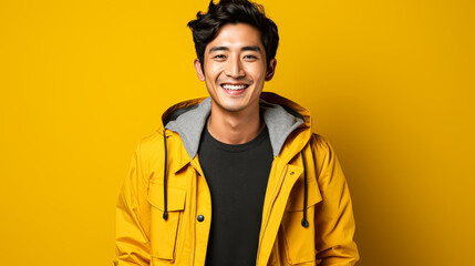 Fototapeta premium Man in a yellow jacket is smiling and posing for a picture. The bright yellow color of his jacket and the yellow background create a cheerful and positive mood