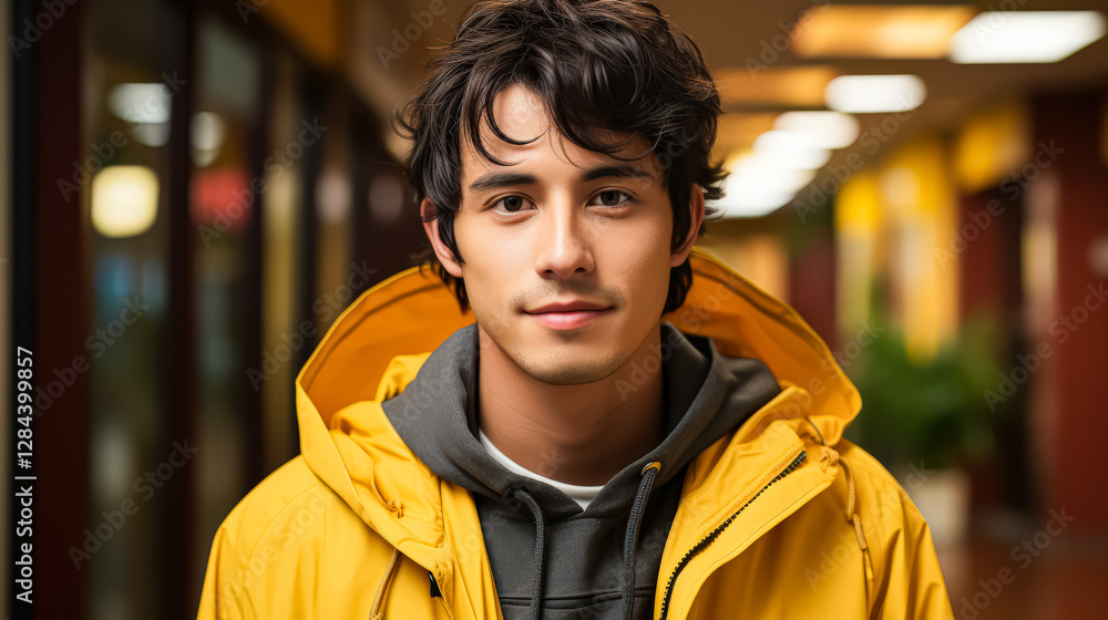 Poster man in a yellow jacket is smiling and posing for a picture. the bright yellow color of his jacket an