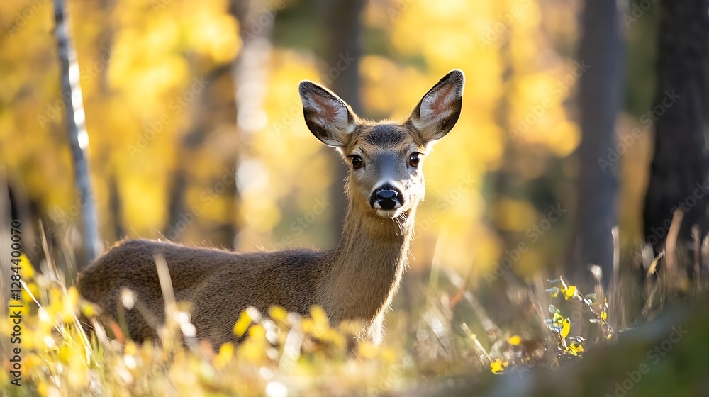 Poster a closeup view of a young deer in a sunlit forest surrounded by colorful autumn leaves : generative 