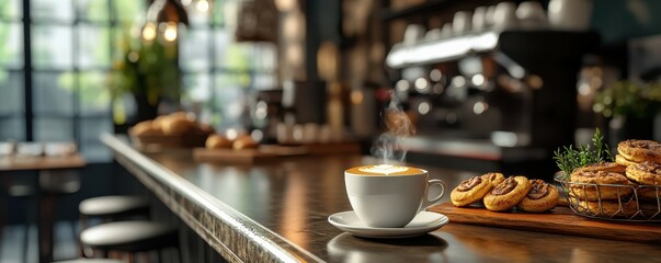Fototapeta premium Steaming cappuccino on coffee shop counter with fresh cinnamon rolls in cozy ambient lighting