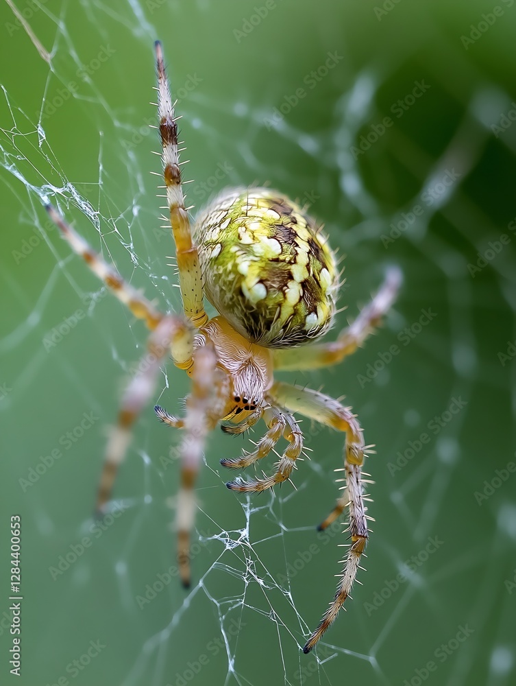 Poster closeup of a yellow and brown spider weaving its intricate web in nature : generative ai