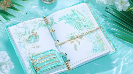 Elegant Aqua Themed Planner Opened on a Vibrant Surface Surrounded by Tropical Elements