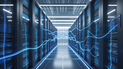 Server Room Data Flow Showing Digital Information Transfer and Processing