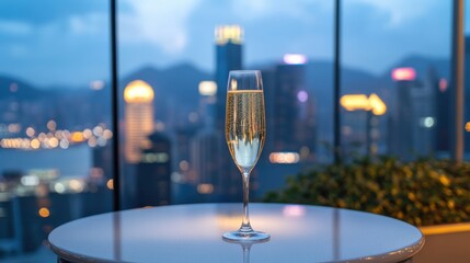 Moderate drinking on a terrace overlooking the city skyline. Featuring sophistication and luxury