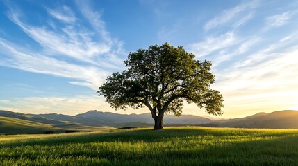 Fototapeta premium Majestic single tree standing tall on a lush green hill under a vibrant sky : Generative AI