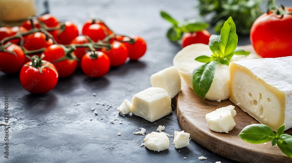 Poster delicious fresh cheese and ripe tomatoes garnished with basil on a rustic wooden surface : generativ