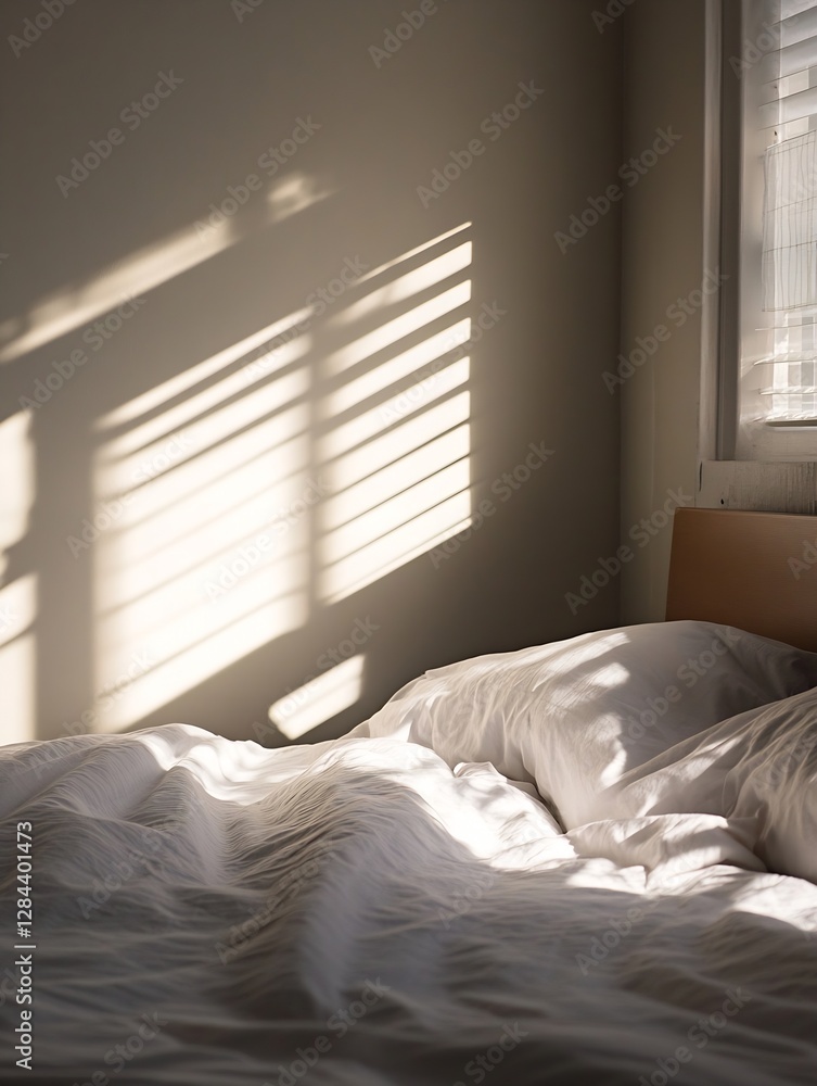 Aufkleber cozy bedroom setting with soft sunlight casting shadows on crumpled white bedding creating a warm at