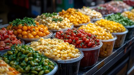 Street food vendor showing various colorful pickles at market stall