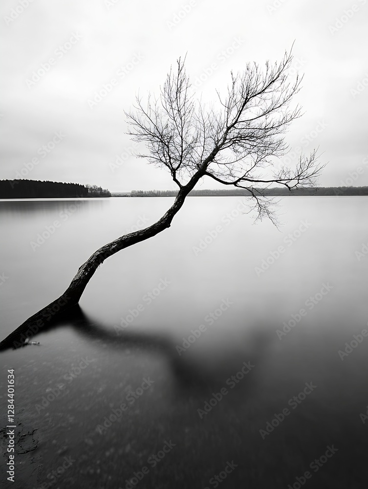 Poster a lone tree reaching towards a calm lake under a gray sky in black and white photography : generativ