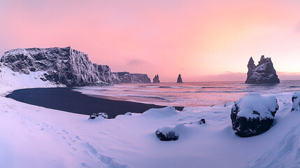 Snow-covered beach with towering rocky formations at sunset, the cliffs and ocean waves are visible in a serene winter scene, showcasing the beauty of the frozen coastline.