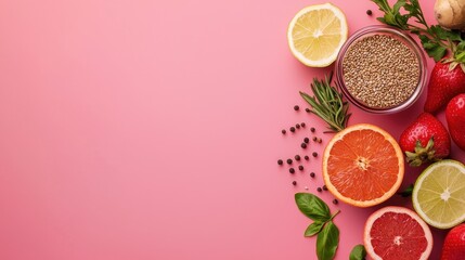 Colorful Assortment of Fresh Fruits, Herbs, and Seeds on a Pink Background for Healthy Lifestyle Concept