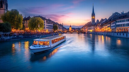 Fototapeta premium Tourist boat on Limmat river and Fraumunster Church in Zurich, Switzerland.