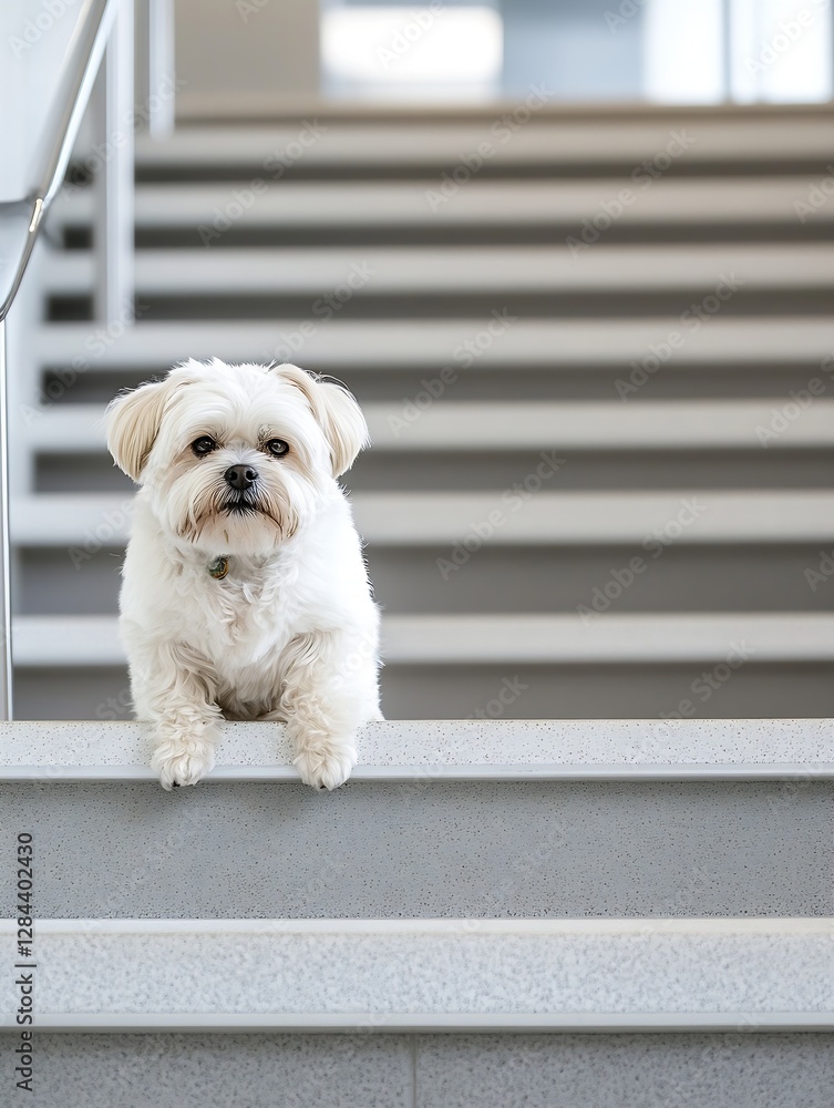 Aufkleber cute fluffy white dog sitting on staircase with a calm expression in a bright indoor setting : gener