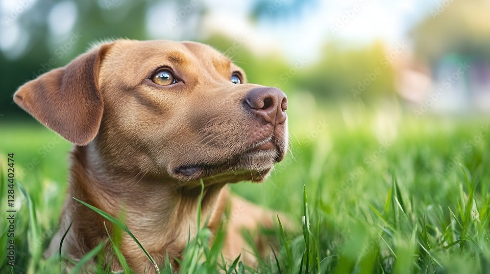 Aufkleber beautiful brown dog resting on green grass with a curious look and vibrant background in nature : ge
