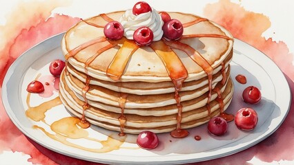 Stack of fluffy pancakes topped with cherries and syrup on a decorative plate