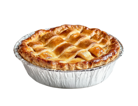 Golden Baked Apple Pie: a warm, freshly baked apple pie sits in its foil tin,  isolated on transparent or white background, png, beautifully lattice-worked. A perfect image of homemade comfort food.