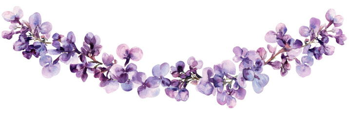 Lilac Garland: A delicate and charming garland of lilac blossoms gracefully adorns the space, showcasing the beauty of spring,  isolated on transparent or white background, png.