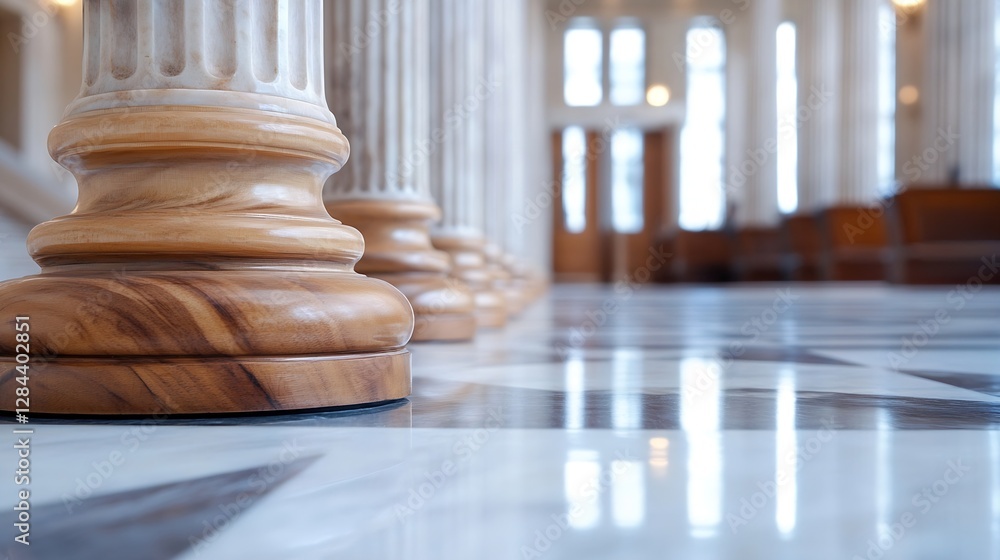 Poster elegant marble floor in a historic building featuring wooden columns and serene architectural detail