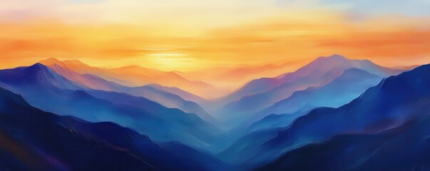 Obraz premium Vibrant mountain view at sunrise with layers of colorful peaks and sky