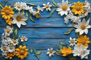 Fototapeta premium Bright daisies and blossoms arranged on a rustic blue wooden background for a spring celebration