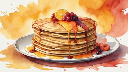 Delicious stack of pancakes drizzled with syrup and topped with berries and lemon on a plate
