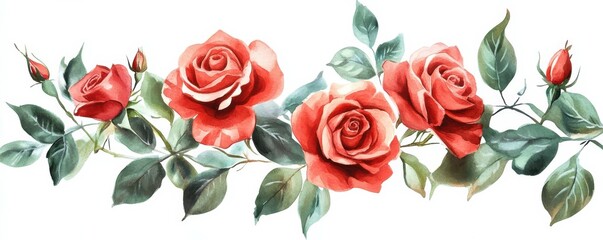 Naklejka premium Vibrant red roses with lush green leaves in watercolor style