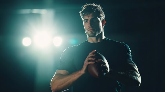Quarterback training under stadium lights with focus on passing under pressure. Featuring composure and precision