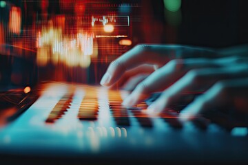 A musician composing a melody at a piano, capturing creativity. Concept of music and inspiration. Generative Ai.