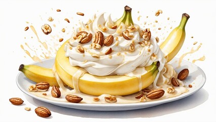 Decadent banana dessert topped with whipped cream and nuts on a stylish plate